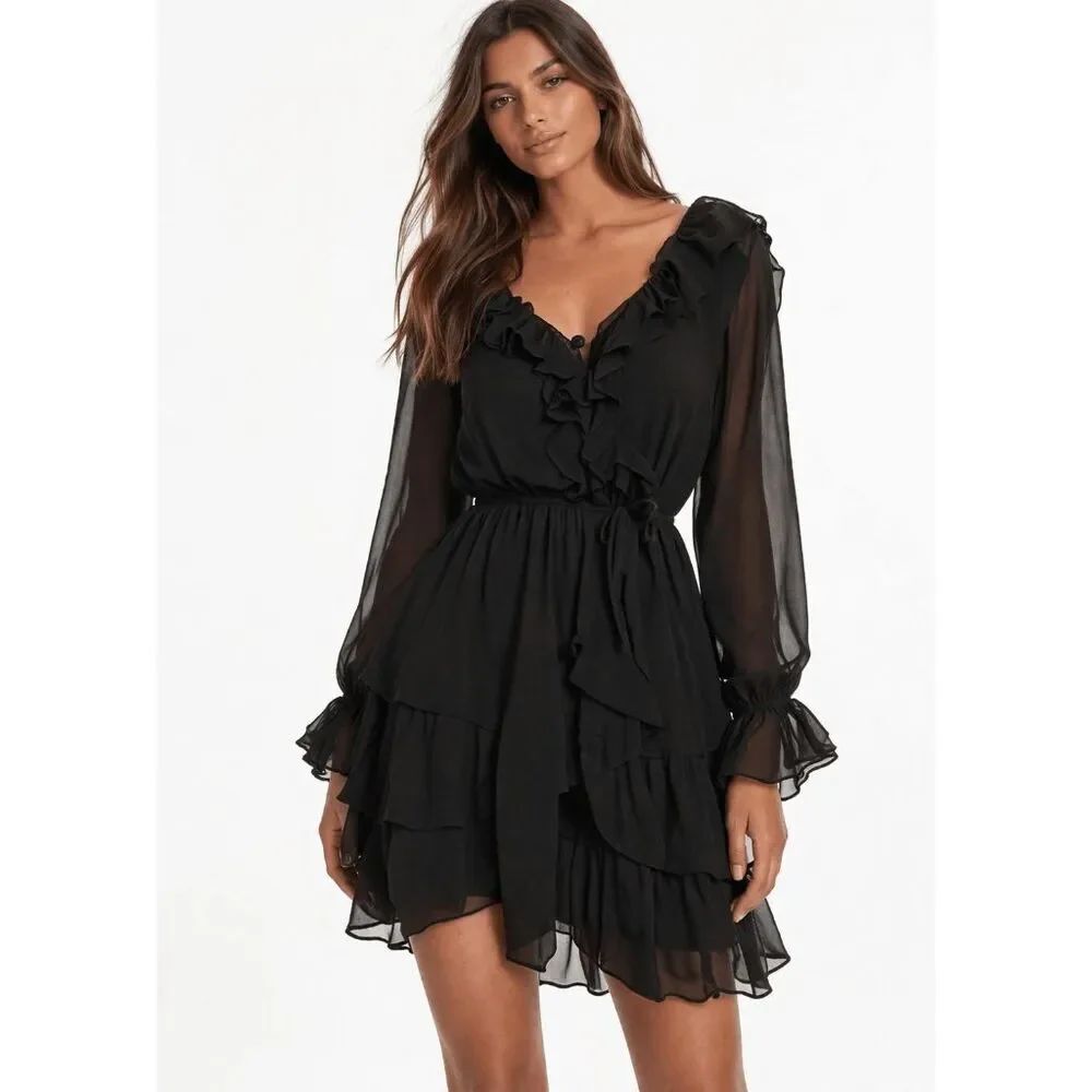 NWT By the River Women's Black Asymmetrical Tiered Surplice A-Line Dress S